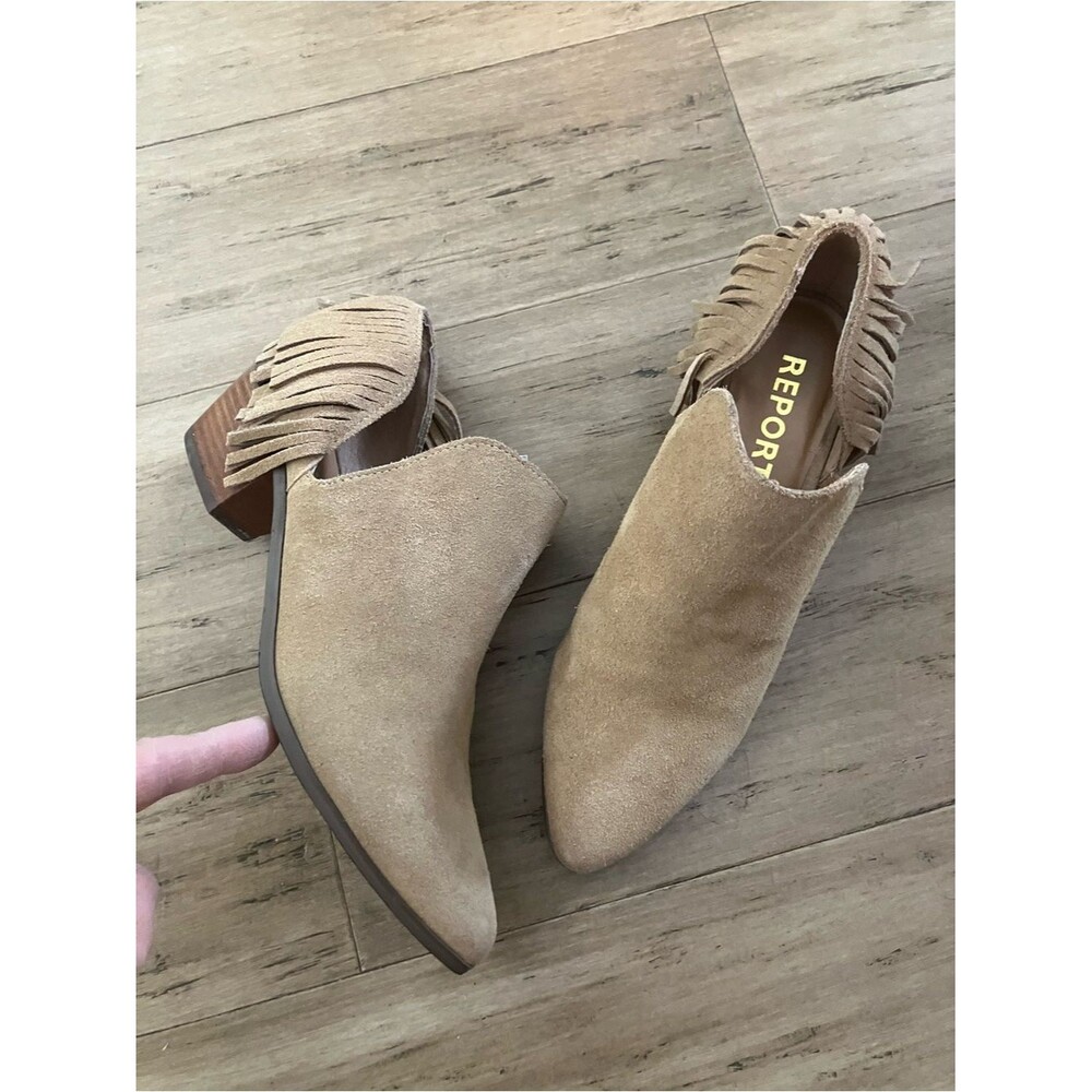 Report women brown leather fringe western heeled ankle boots. Size 6.5